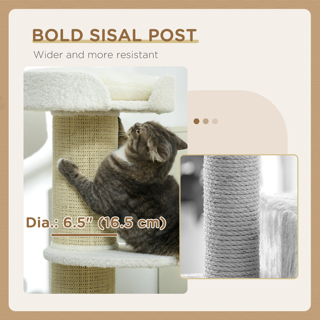 2 Tier Sisal Sherpa Cat Tree with Basket Cushion Sisal Post Cream White