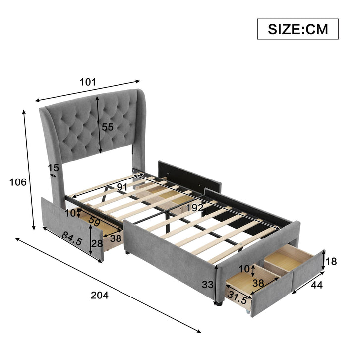 3FT Single Comfy Upholstered Storage Bed with 4 Drawers and Soft Backrest