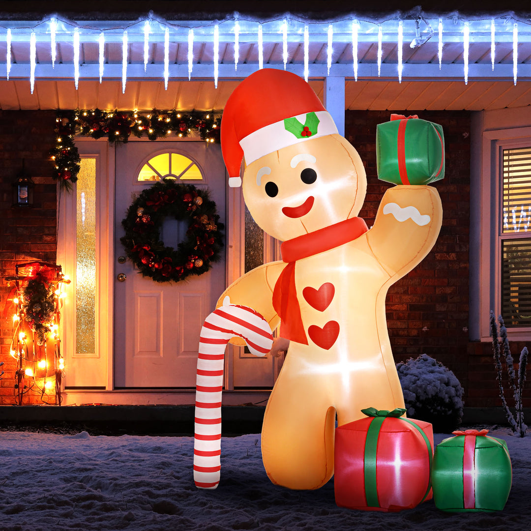 8FT Christmas Inflatable Gingerbread Man with Candy Cane and Three Gift Bags