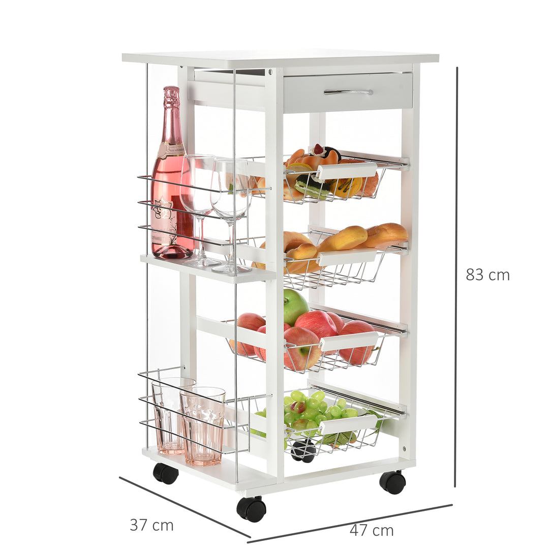 Multi-Use Kitchen Island Trolley w/ 4 Baskets 2 Side Racks Drawer Worktop 4 Wheels Worktop Food Storage Compact Furniture White