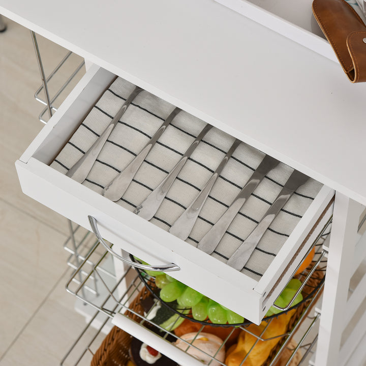 Multi-Use Kitchen Island Trolley w/ 4 Baskets 2 Side Racks Drawer Worktop 4 Wheels Worktop Food Storage Compact Furniture White