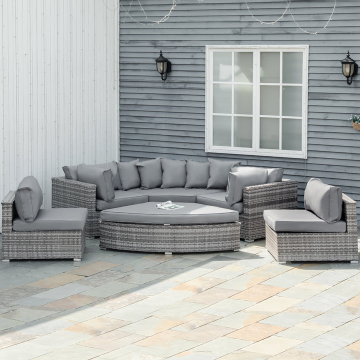 6-Seater Outdoor Rattan Wicker Sofa Set Half Round Patio Conversation Furniture Set w/ Cushions Grey