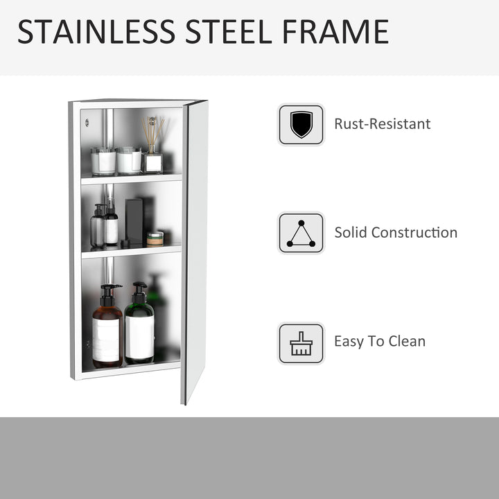 HOMCOM Stainless Mirror Cabinet, Steel Wall Mounted, Bathroom Corner Mirror Storage Cabinet, Single Door 300mm(W), Silver Aosom UK