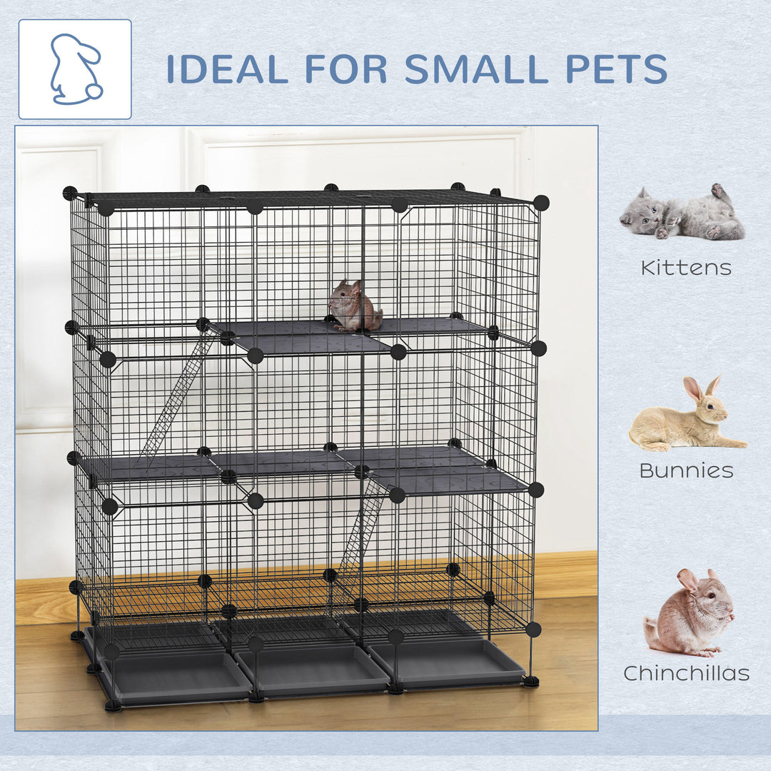 3 Level DIY Pet Playpen Metal Small Animal Cage Guinea Pig Rabbit Ferret Chinchillas Cage 4 Doors Bottom Trays Black