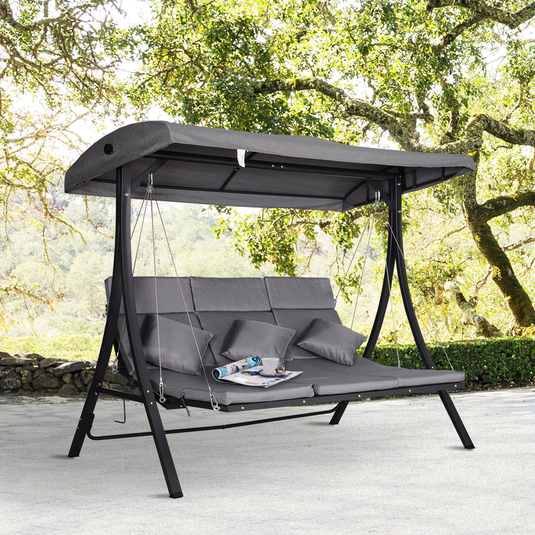 Steel Pipe 3-Seater Outdoor Garden Recliner Swing Chair Grey