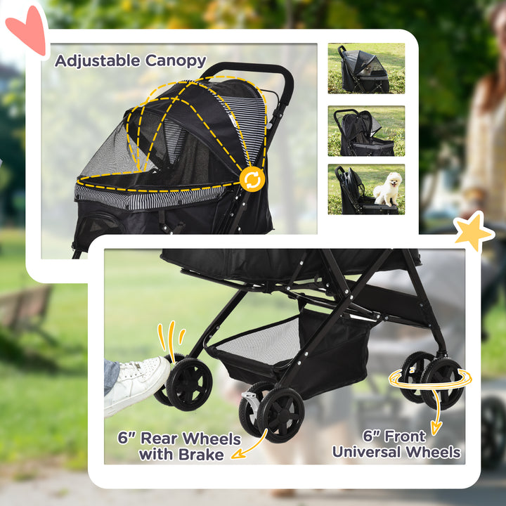 Pet Stroller Pushchair Foldable Travel Dog Cat Carriage w/ Reversible Handle Brake Basket