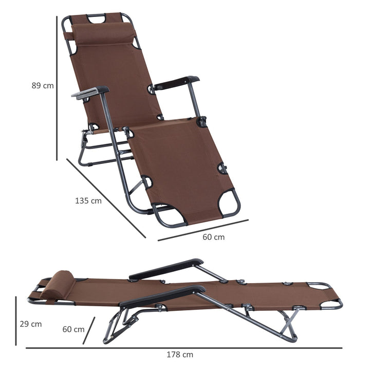 2 in 1 Sun Lounger Folding Reclining Chair Garden Outdoor Camping Adjustable Back with Pillow (Brown)