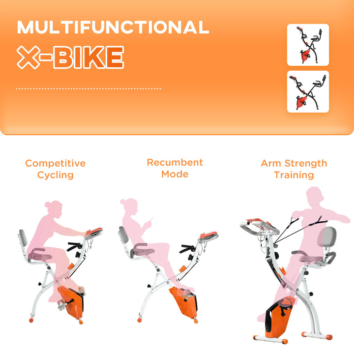 2-in-1 Upright Exercise Bike Stationary Foldable Magnetic Recumbent Cycling with Arm Resistance Bands Orange