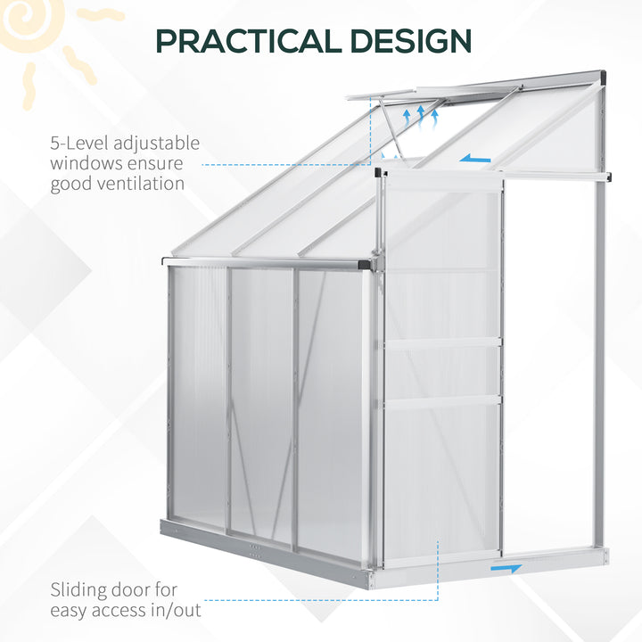 Walk-In Greenhouse Lean to Wall Polycarbonate Garden Greenhouse with Adjustable Roof Vent