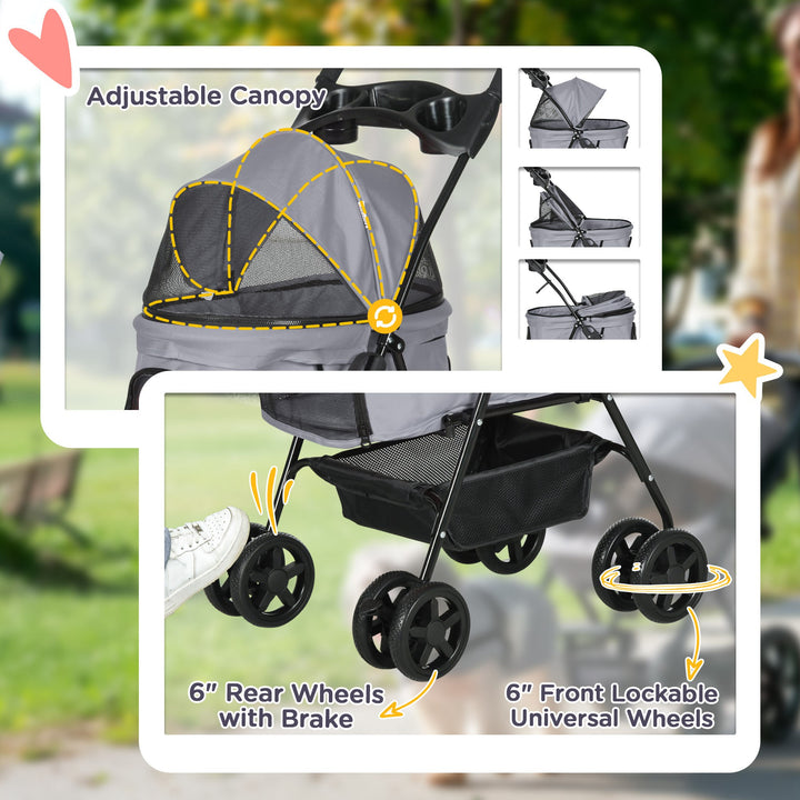 No-Zip Pet Stroller Dog Cat Travel Pushchair One-Click Fold Trolley Jogger w/ EVA Wheels Brake Basket Adjustable Canopy