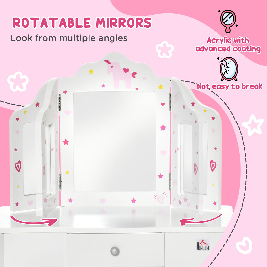 Kids Vanity Table & Stool Girls Dressing Set Make Up Desk Chair Dresser Play Set with Rotatable Mirrors Drawer Star & Heart Pattern White