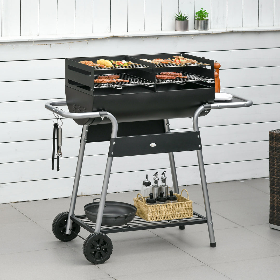 Charcoal Barbecue Grill Garden BBQ Trolley w/ Adjustable Grill Height