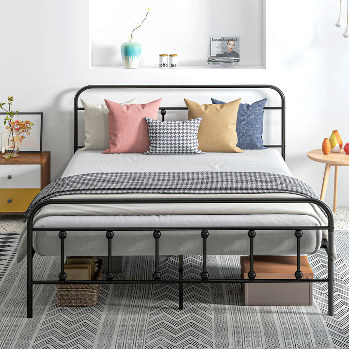 4ft Double Platform Bed Frame with Underbed Storage Tall Headboard Steel Slat No Box Spring Needed Easy Assembly Black