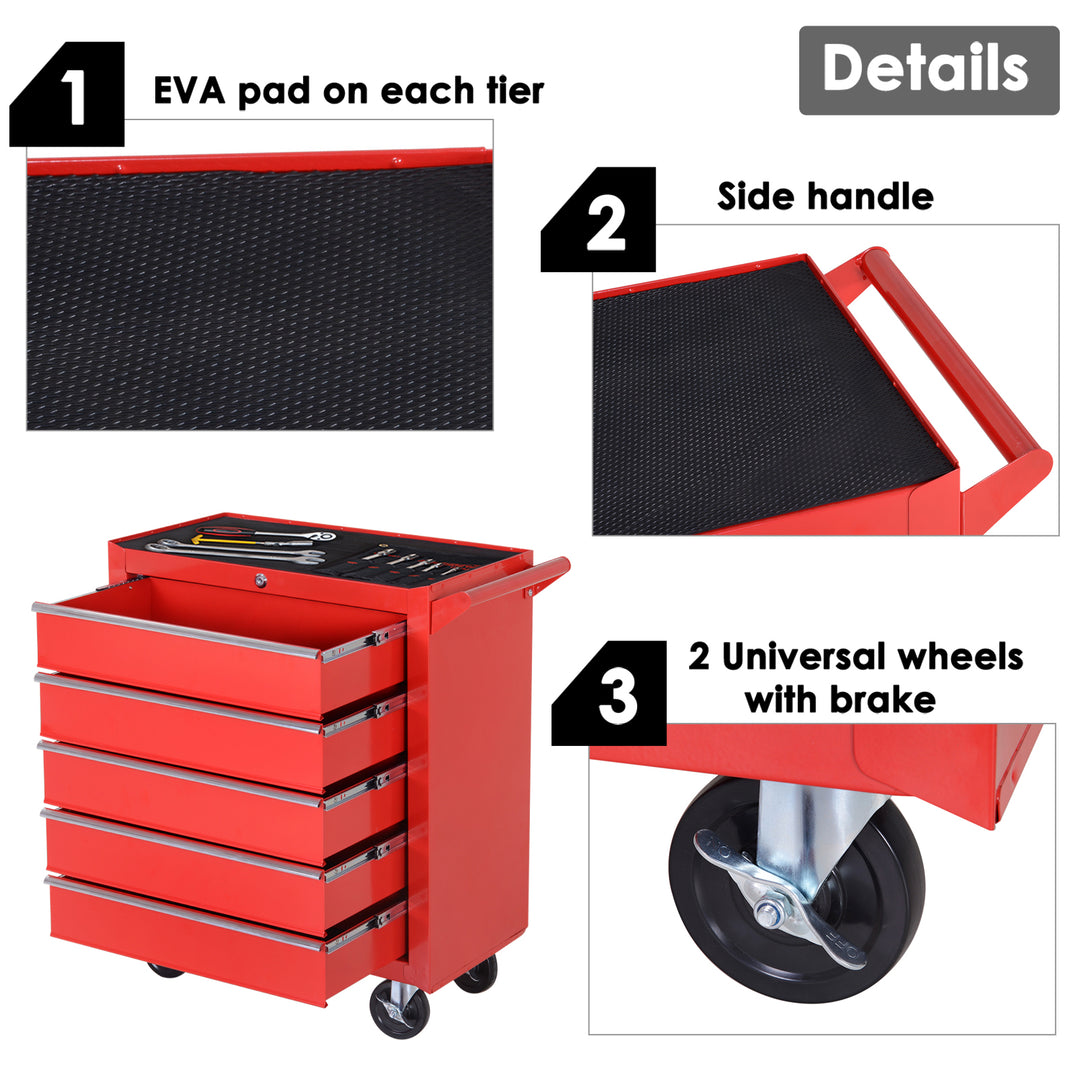 5 Drawer Roller Tool Cabinet Storage Box Workshop Chest Garage Wheeling Trolley w/ Handle - Red