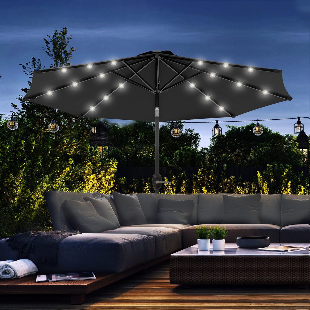 2.7m Outdoor Patio Garden Umbrella Parasol with Tilt Crank and 24 LEDs Lights