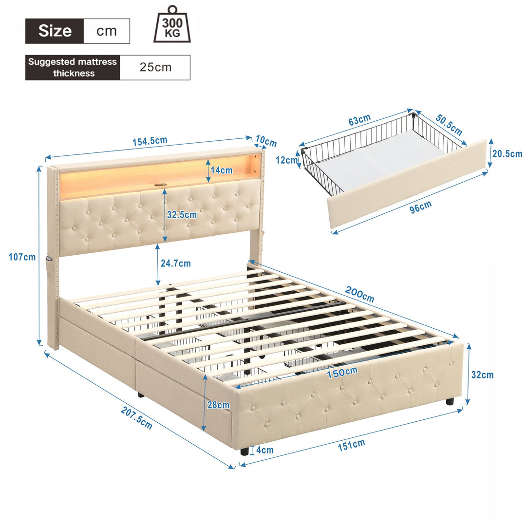 King Size Double Drawer Bed with LED Lights and Wood Slatted Frame