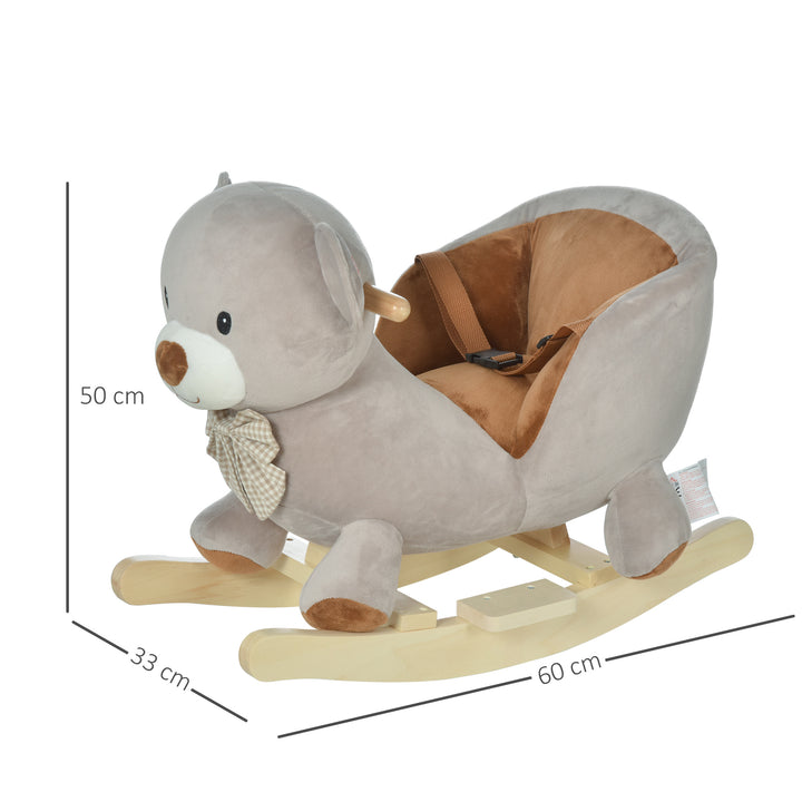 Kids Children Rocking Horse Plush Ride On Bear Seat w/ Sound Wood Base Seat Safety Belt Toddler Baby Toy Grey