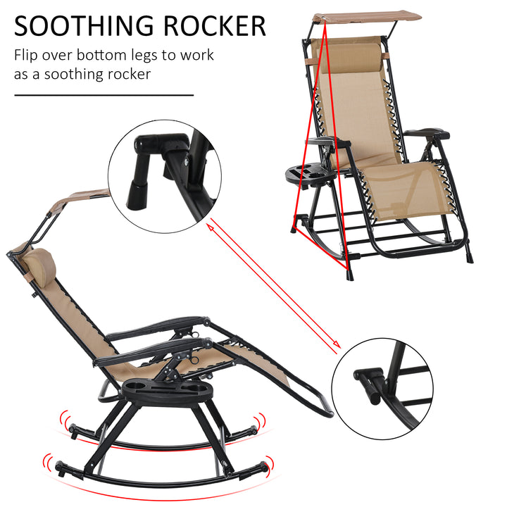 Garden Rocking Chair Folding Recliner Outdoor Adjustable Sun Lounger Rocker Zero-Gravity Seat w/ Headrest Side Holder Patio