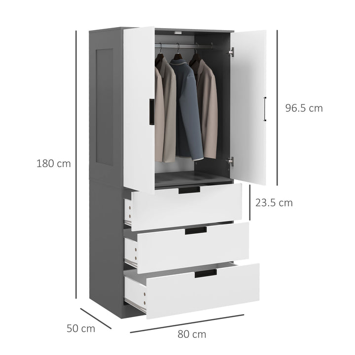 HOMCOM Grey Wardrobe with 3 Drawers and Double Doors