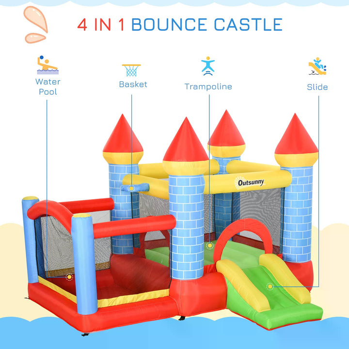 Kids Bounce Castle House Inflatable Trampoline Slide Water Pool Basket 4 in 1 with Inflator for Kids Age 3-10 Castle Design 3 x 2.75 x 2.1m