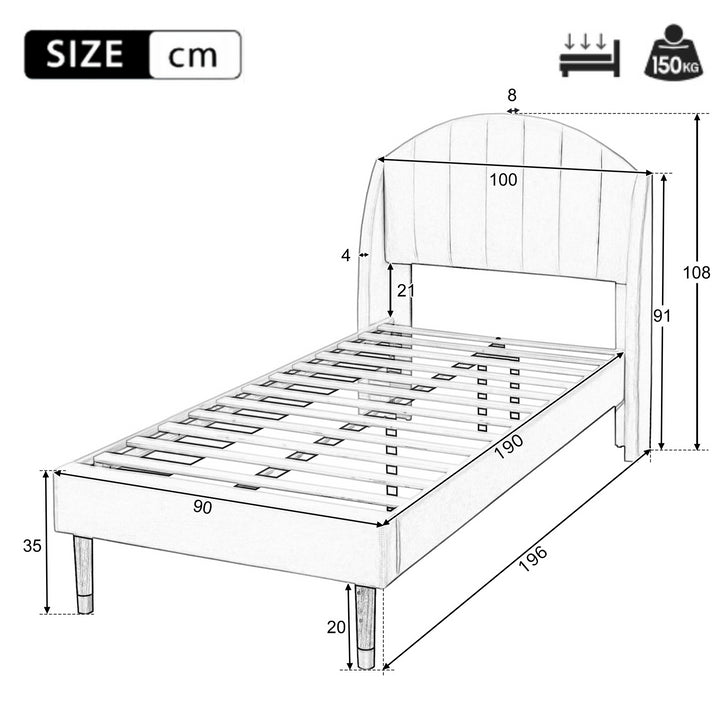 Single Velvet Fabric Upholstered Bed with Slatted Frame and Headboard