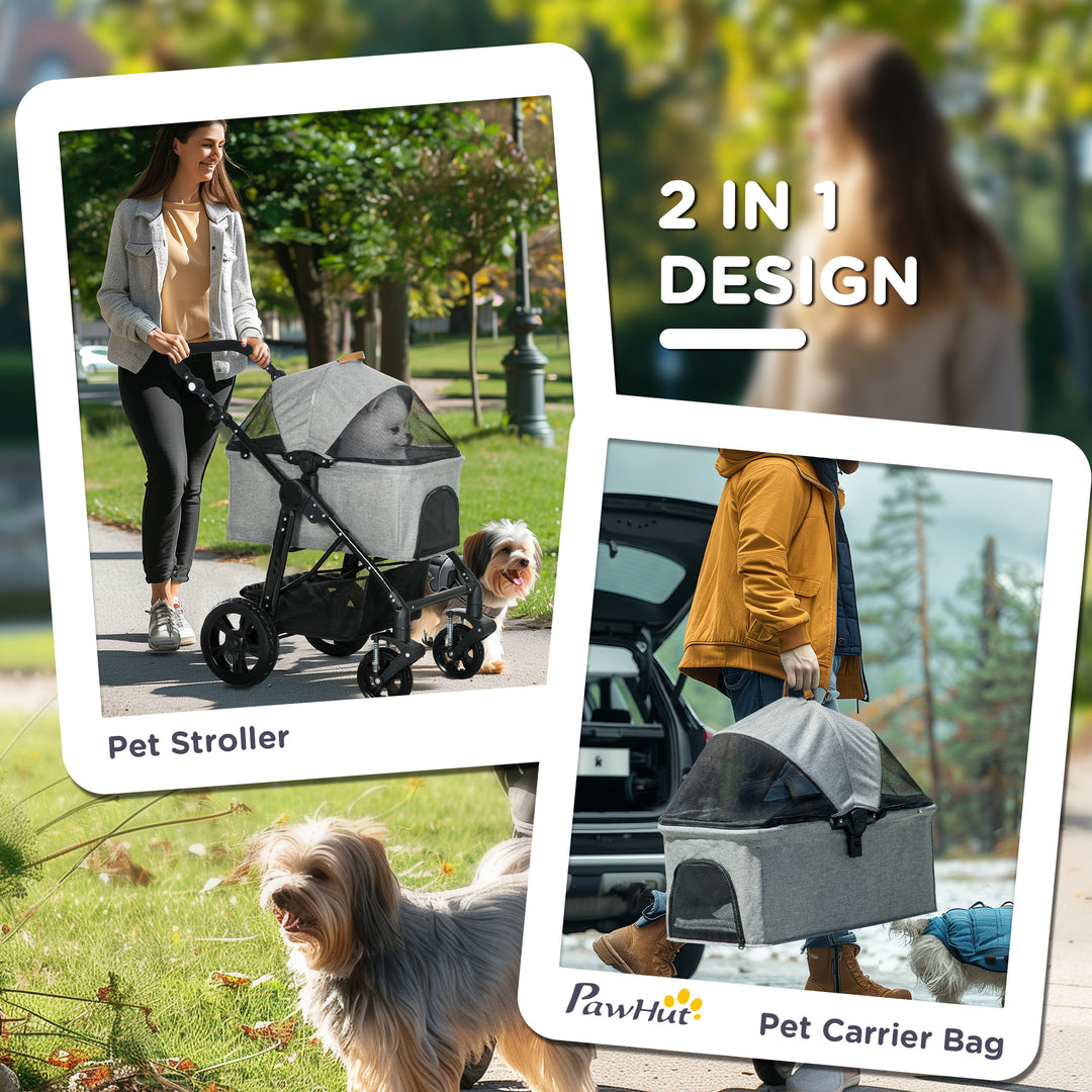 2-In-1 Design No-Zip Pet Stroller Detachable Bag Travel Trolley w/ Shock-absorbing System Brake Basket Adjustable Handlebar