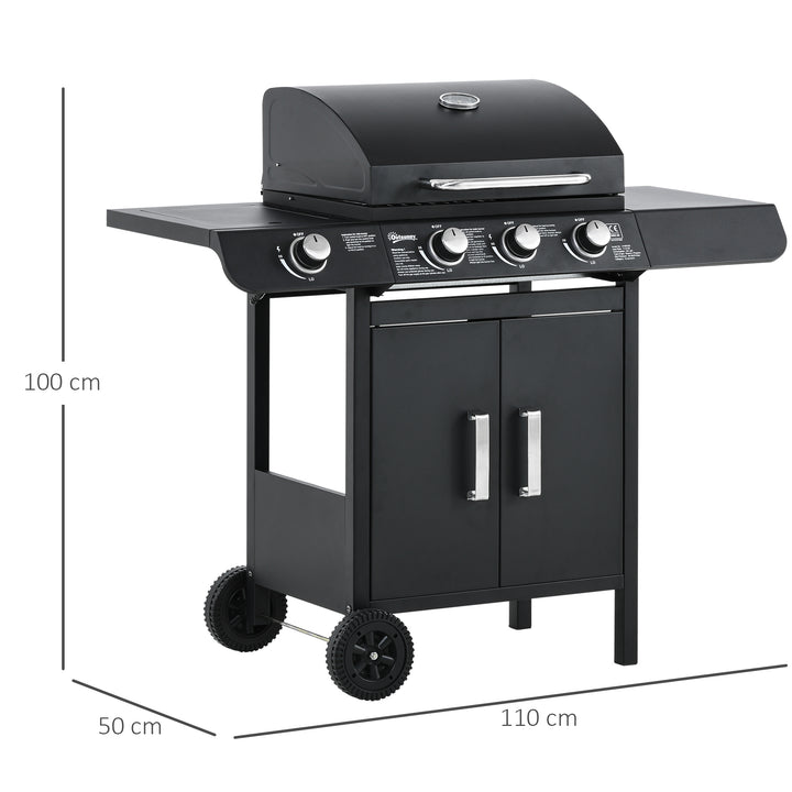 Gas BBQ Gas Grill Barbecue 3+1 Burner Garden BBQ Trolley w/ Side Burner Warming Rack Side Shelves Piezo Ignition 110x50x100cm