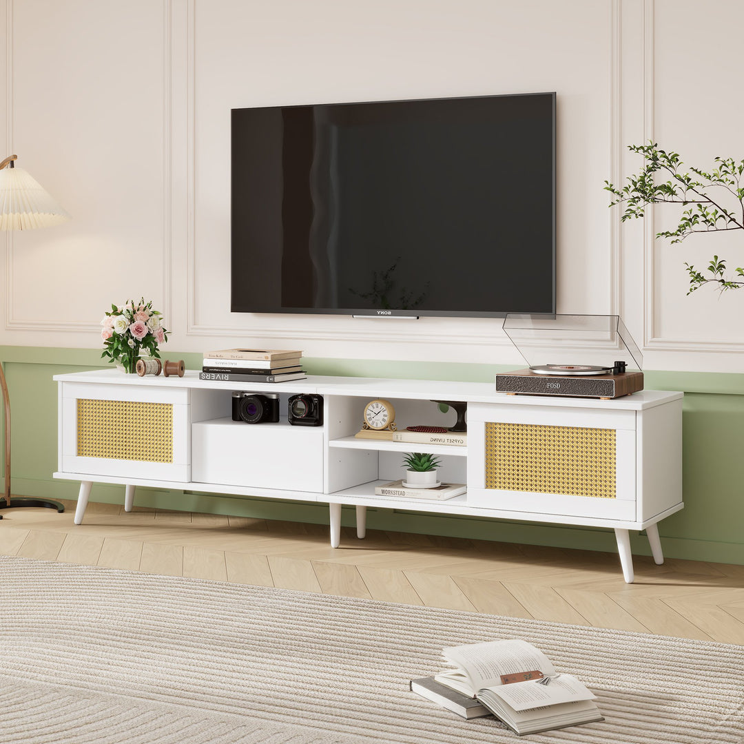 Modern Oak Rattan TV Cabinet Stand with 3 Open Storage Spaces and Cable Management