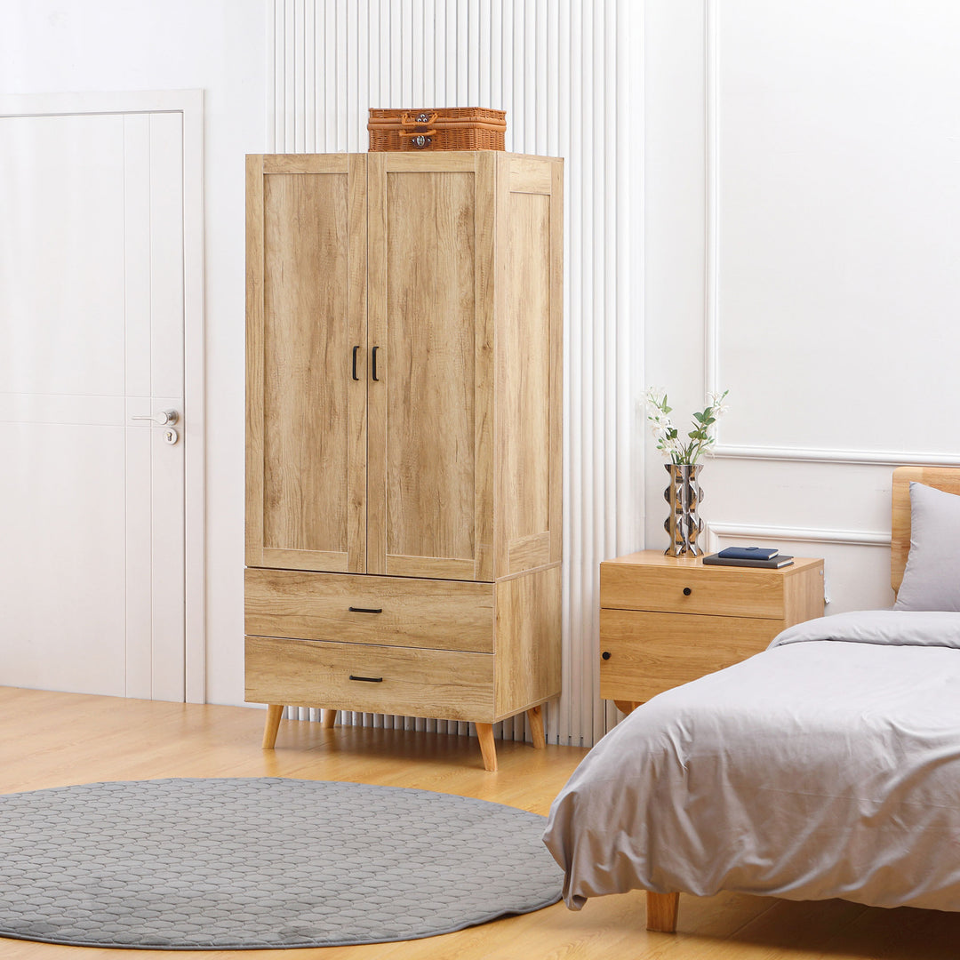 HOMCOM 2 Door Wardrobe with 2 Drawers, Natural