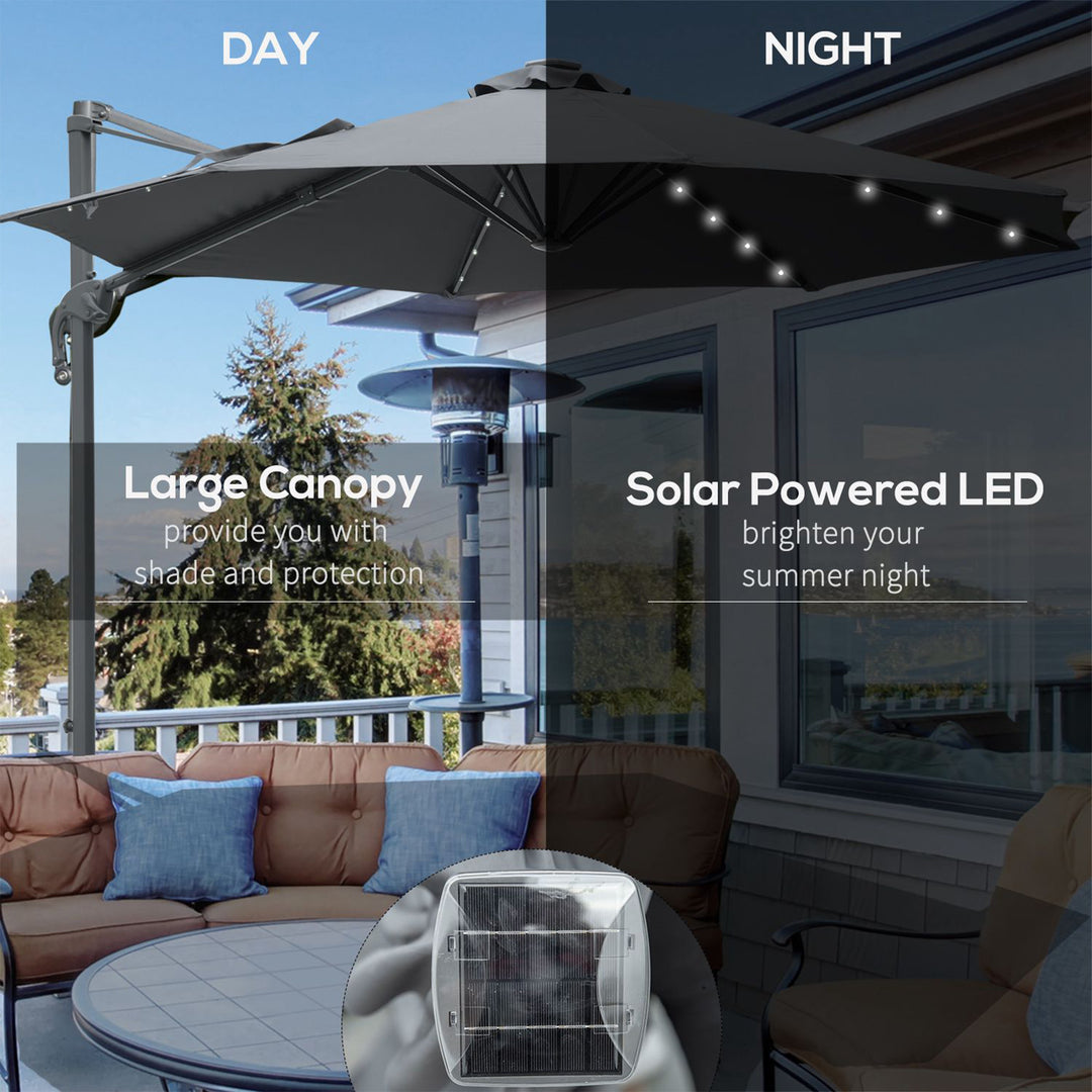 3(m) Square Outdoor Umbrella Patio Sun Umbrella with Crank & Tilt LED Solar Light Cross Base 360° Rotating Outdoor