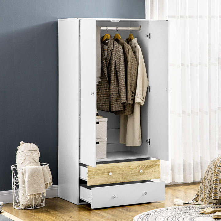 HOMCOM White Wardrobe with 2 Doors, Drawers