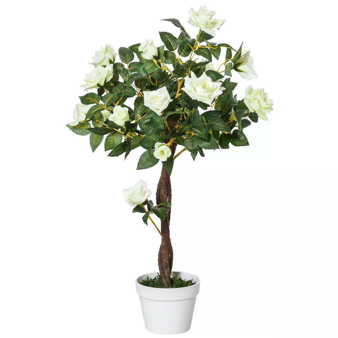 90cm/3FT Artificial Rose Tree Fake Decorative Plant w/ 21 Flowers Pot Indoor Outdoor Faux Decoration Home Office Décor White Green