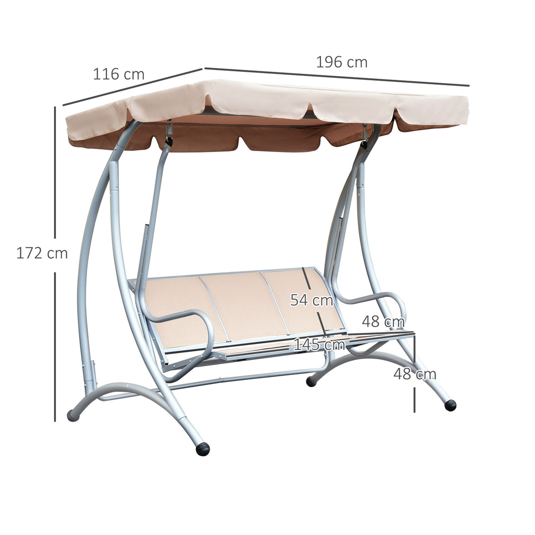 3 Seater Bench Steel Outdoor Patio Porch Swing Chair with Adjustable Canopy - Beige