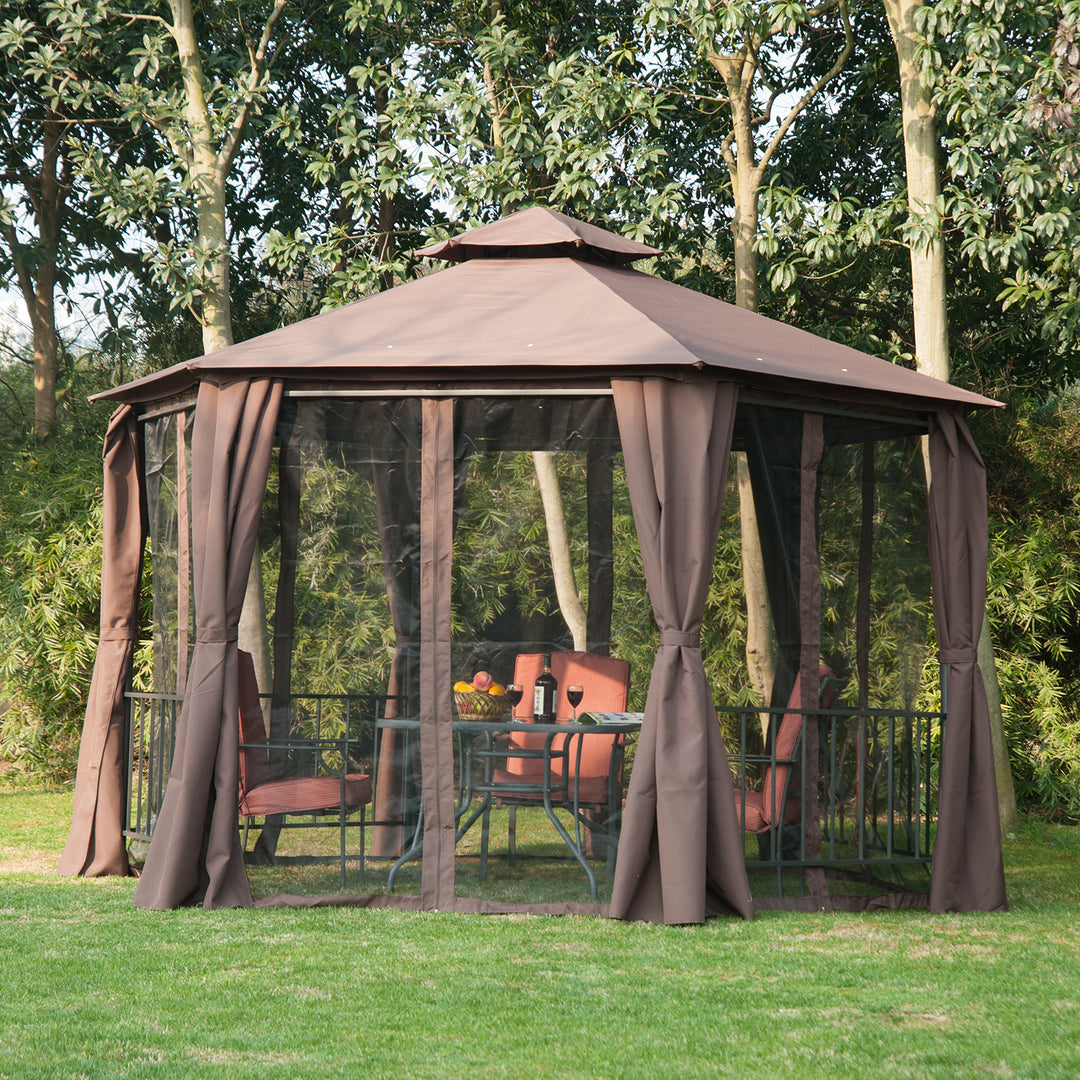 Waterproof Hexagon Gazebo Patio Canopy Party Tent Outdoor Garden Shelter w/ 2 Tier Roof & Side Panel - Brown