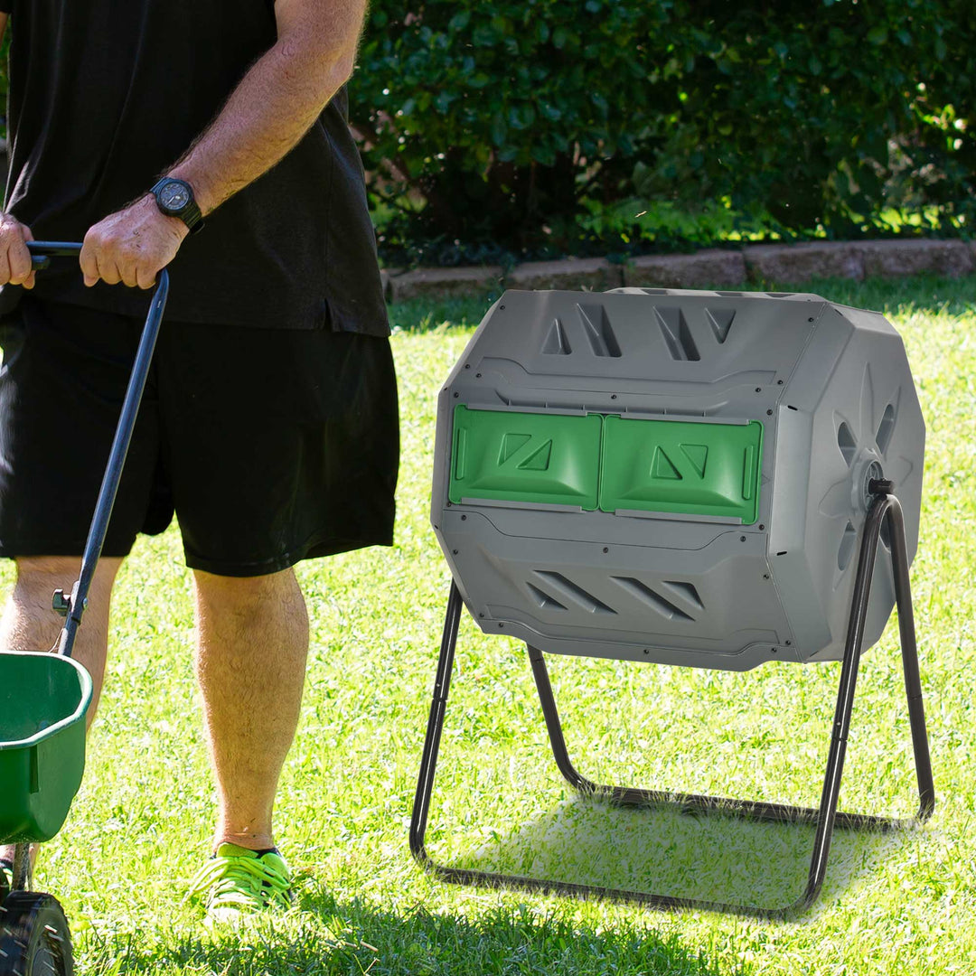 160L Tumbling Compost Bin Outdoor Dual Chamber 360Â° Rotating Composter w/ Sliding Doors & Solid Steel Frame