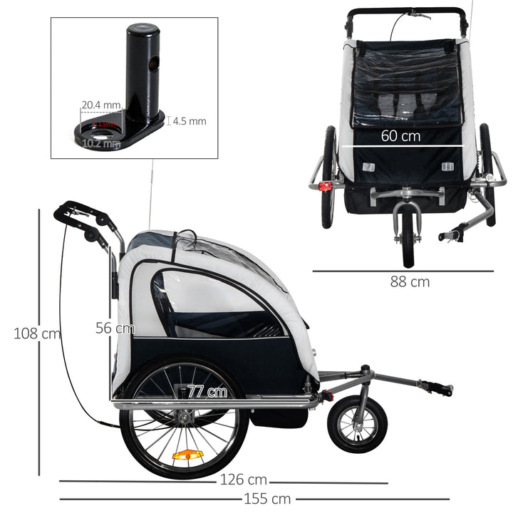 Bike Trailer 2-Seater for Bicycle Baby Child Multifunctional Carrier in Steel Frame (Black and White)