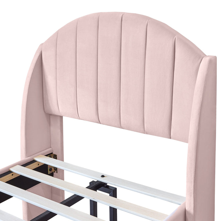 Double Stylish Velvet Fabric Upholstered Bed with Slatted Frame and Headboard