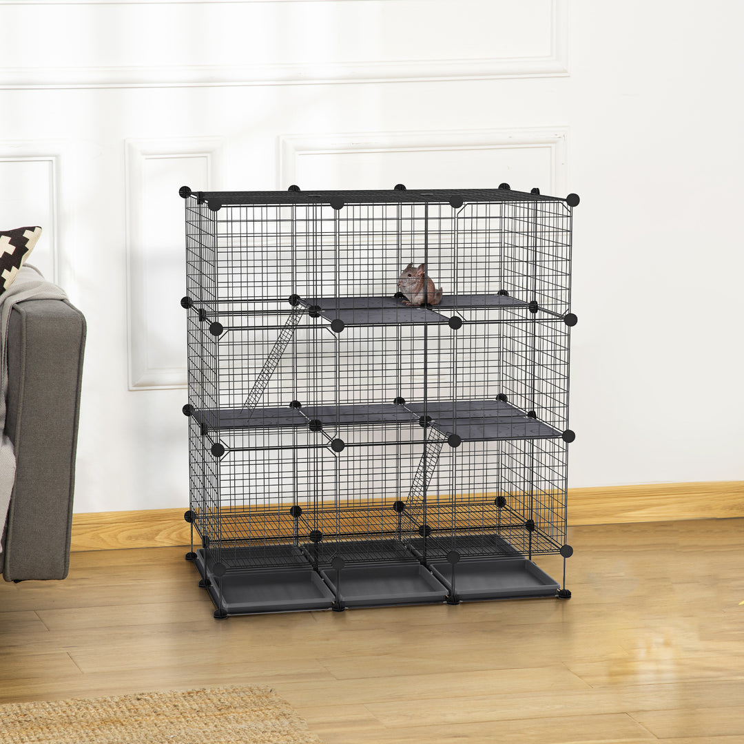 3 Level DIY Pet Playpen Metal Small Animal Cage Guinea Pig Rabbit Ferret Chinchillas Cage 4 Doors Bottom Trays Black