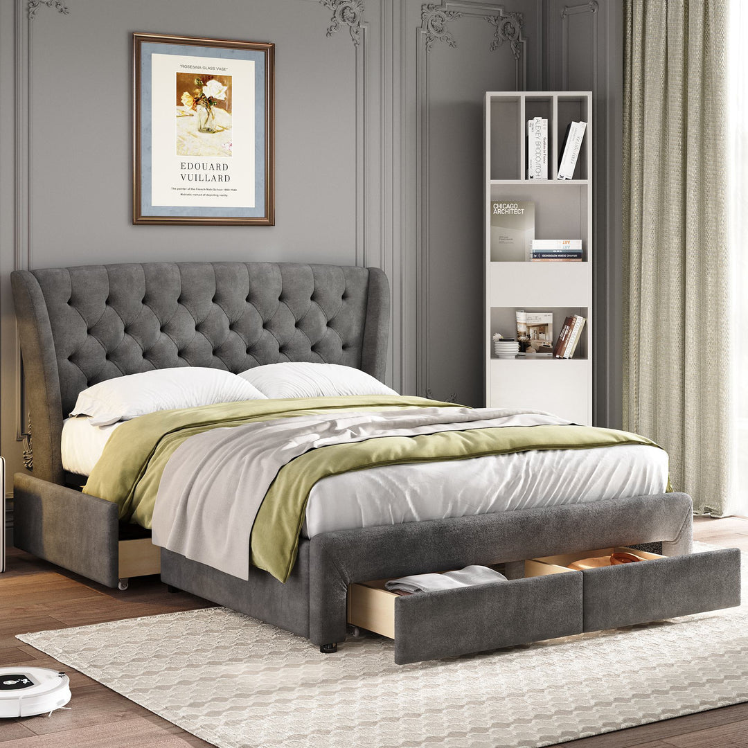 3FT Double Comfy Upholstered Storage Bed with 4 Drawers and Soft Backrest