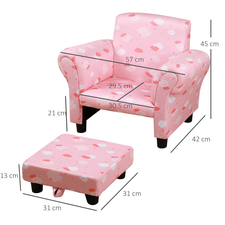 Kids Children Armchair Mini Sofa Wood Frame w/ Footrest Anti-Slip Legs High Back Arms Bedroom Playroom Furniture Cute Cloud Pink