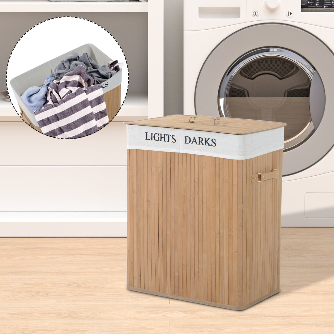 100L Collapsible Natural Wood Laundry Hamper Organizer Clothes Washing Basket Bin w/ Lid Removable Lining 52x32x63cm