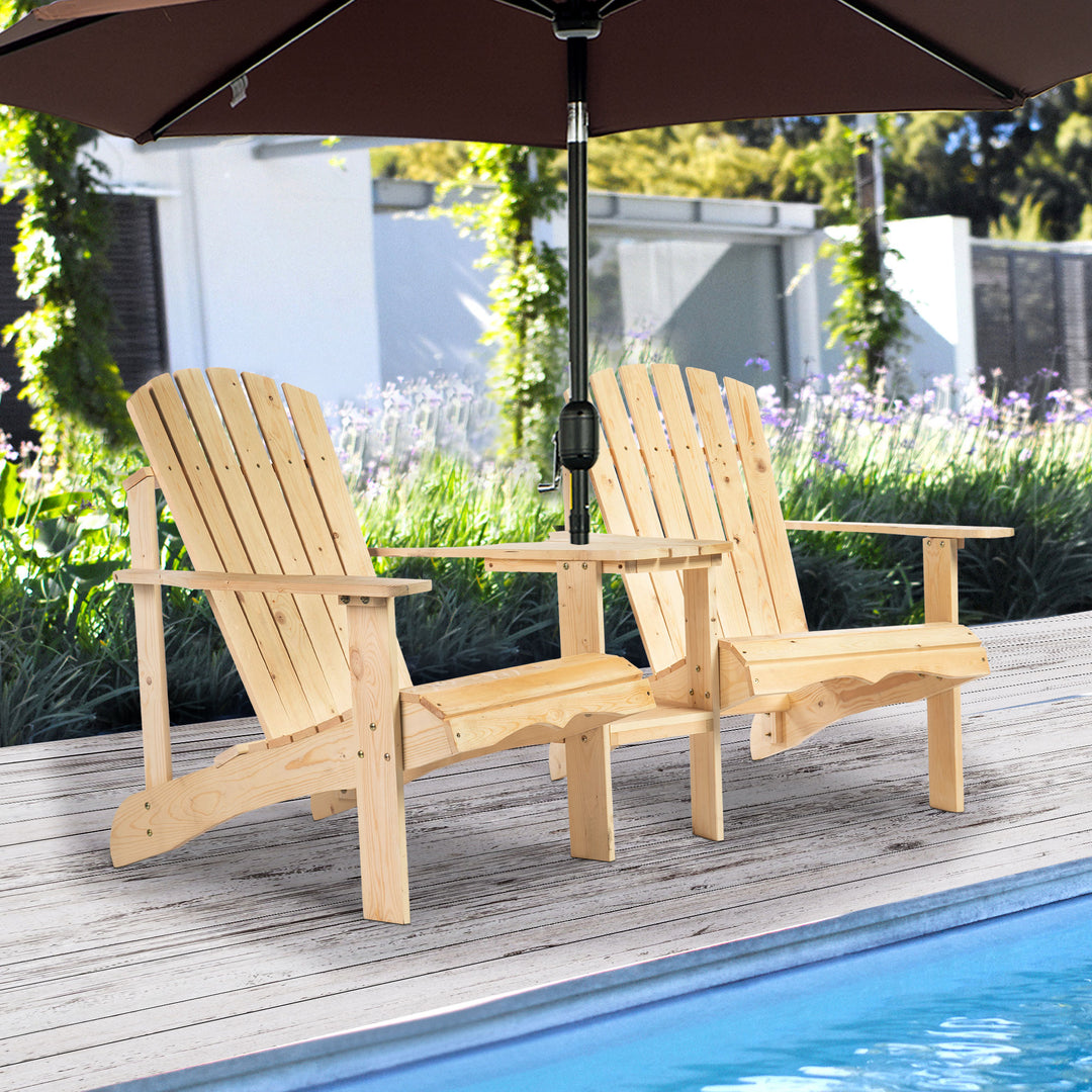 Wooden Double Adirondack Chairs Loveseat with Centre Table & Umbrella Hole