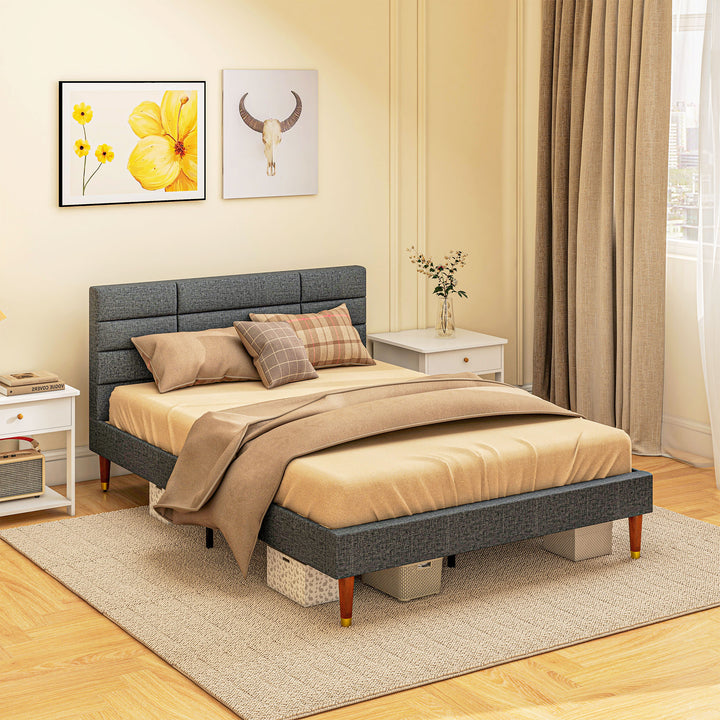 4ft5 Upholstered Double Platform Bed Frame with Underbed Storage Tufted Headboard Wood Slat No Box Spring Needed