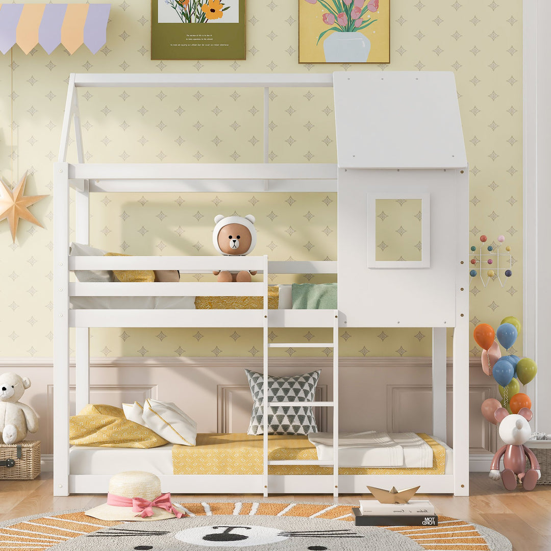 Children's Bunk Bed with Convertible Step Ladder and Window