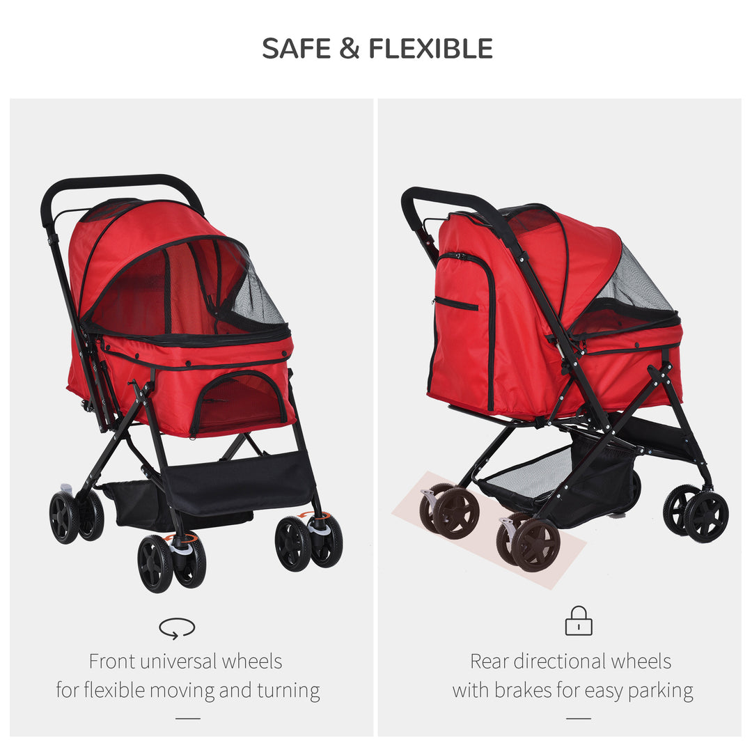 Pet Stroller Dog Travel Pushchair Foldable Jogger with Reversible Handle EVA Wheel Brake Basket Adjustable Canopy Safety Leash Red