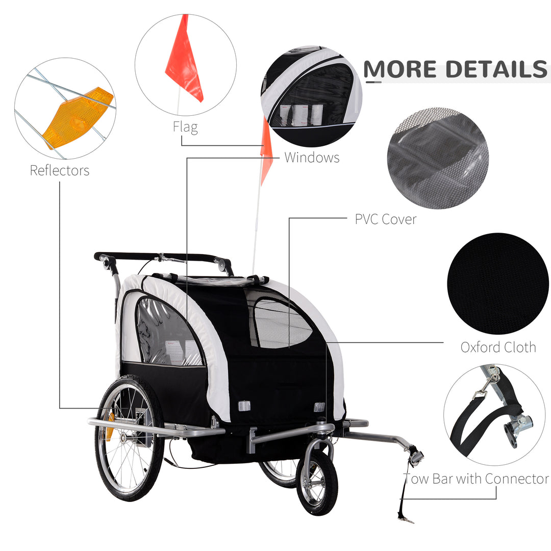 Bike Trailer 2-Seater for Bicycle Baby Child Multifunctional Carrier in Steel Frame (Black and White)