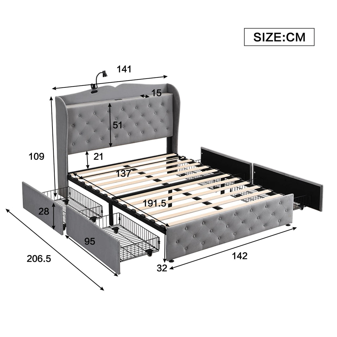 Double Velvet Storage Bed with Drawers