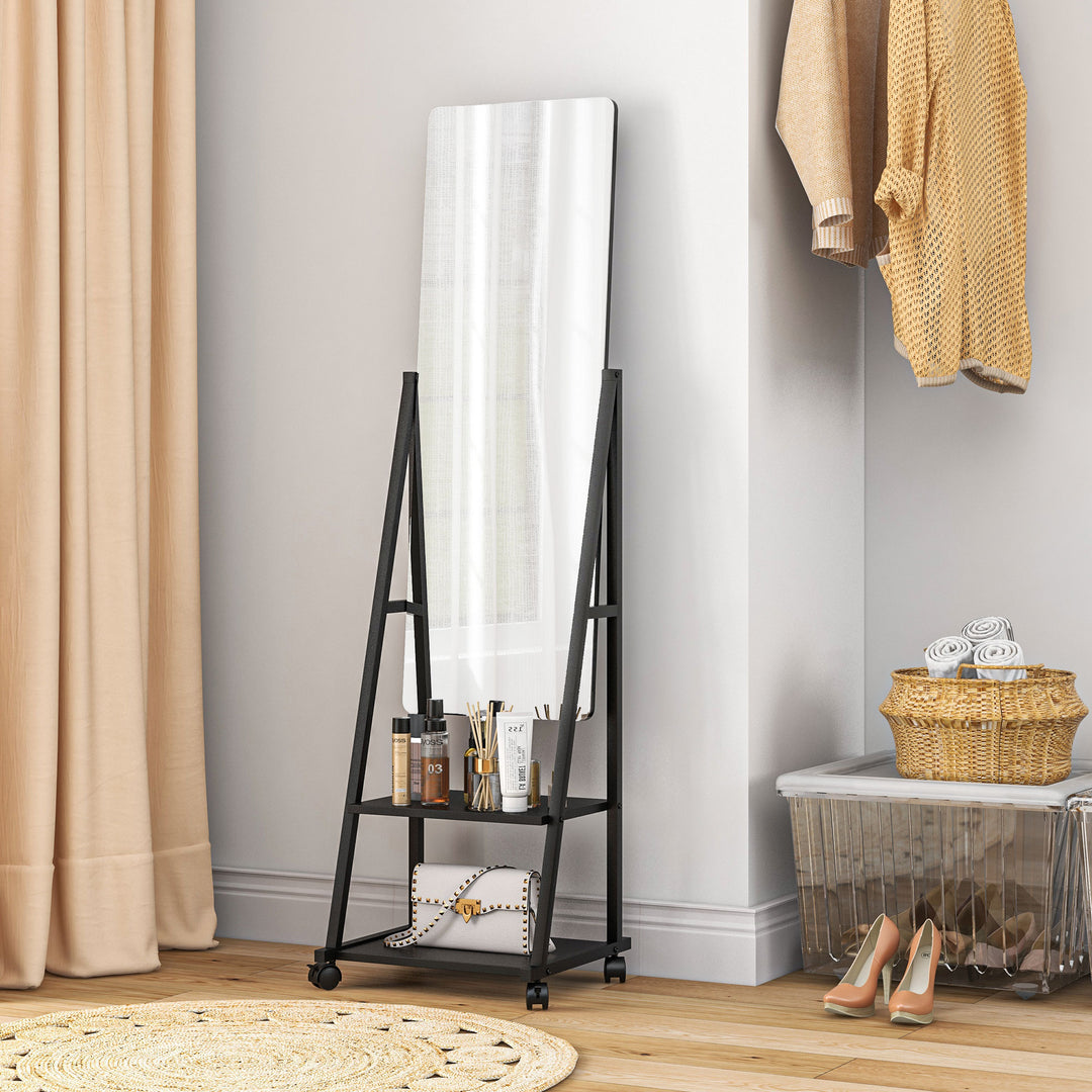 Rolling Full-Length Dressing Mirror on Wheels with Adjustable Angle & Storage Shelves for Bedroom