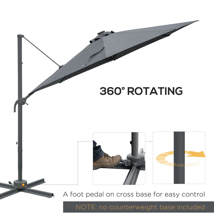 3(m) Square Outdoor Umbrella Patio Sun Umbrella with Crank & Tilt LED Solar Light Cross Base 360° Rotating Outdoor