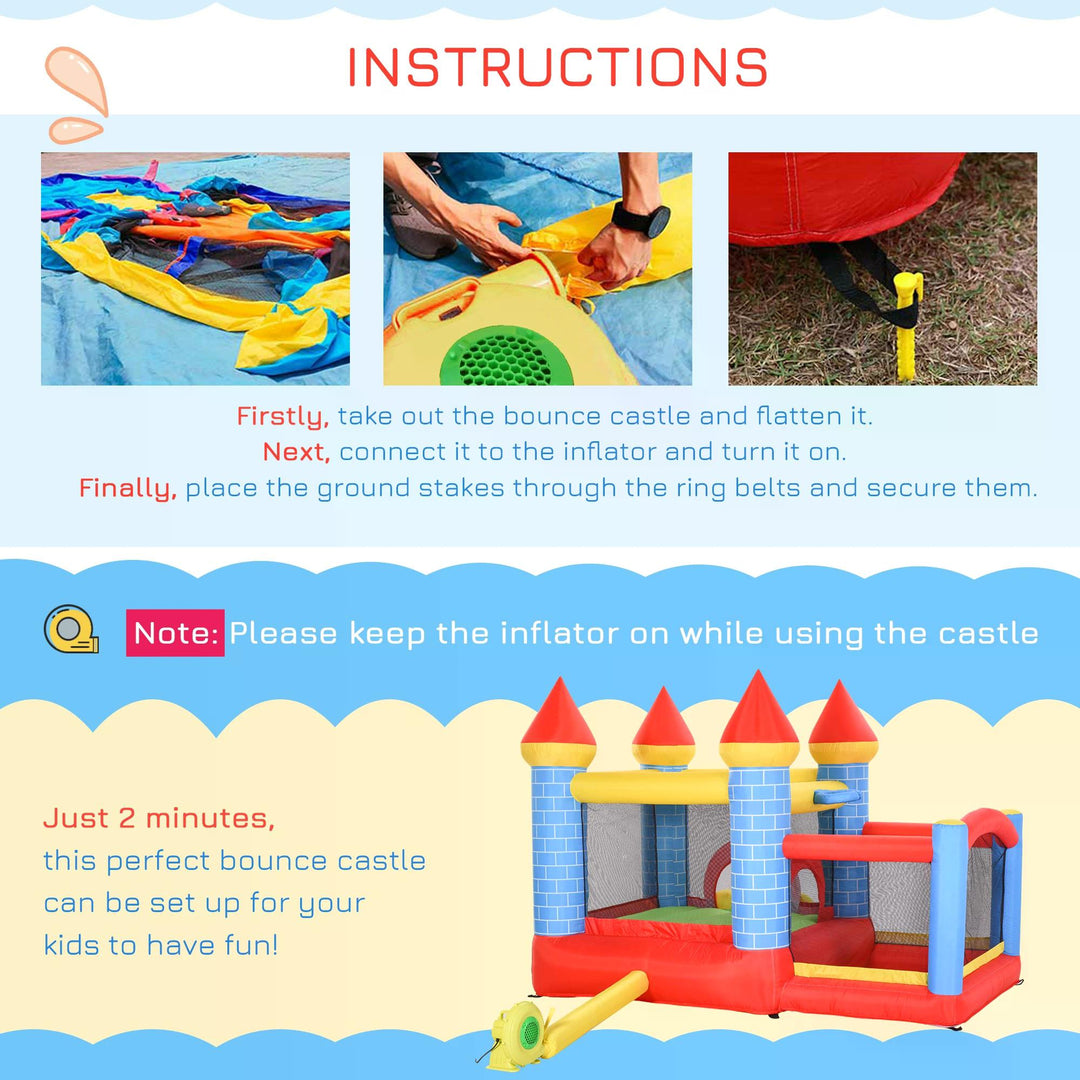 Kids Bounce Castle House Inflatable Trampoline Slide Water Pool Basket 4 in 1 with Inflator for Kids Age 3-10 Castle Design 3 x 2.75 x 2.1m